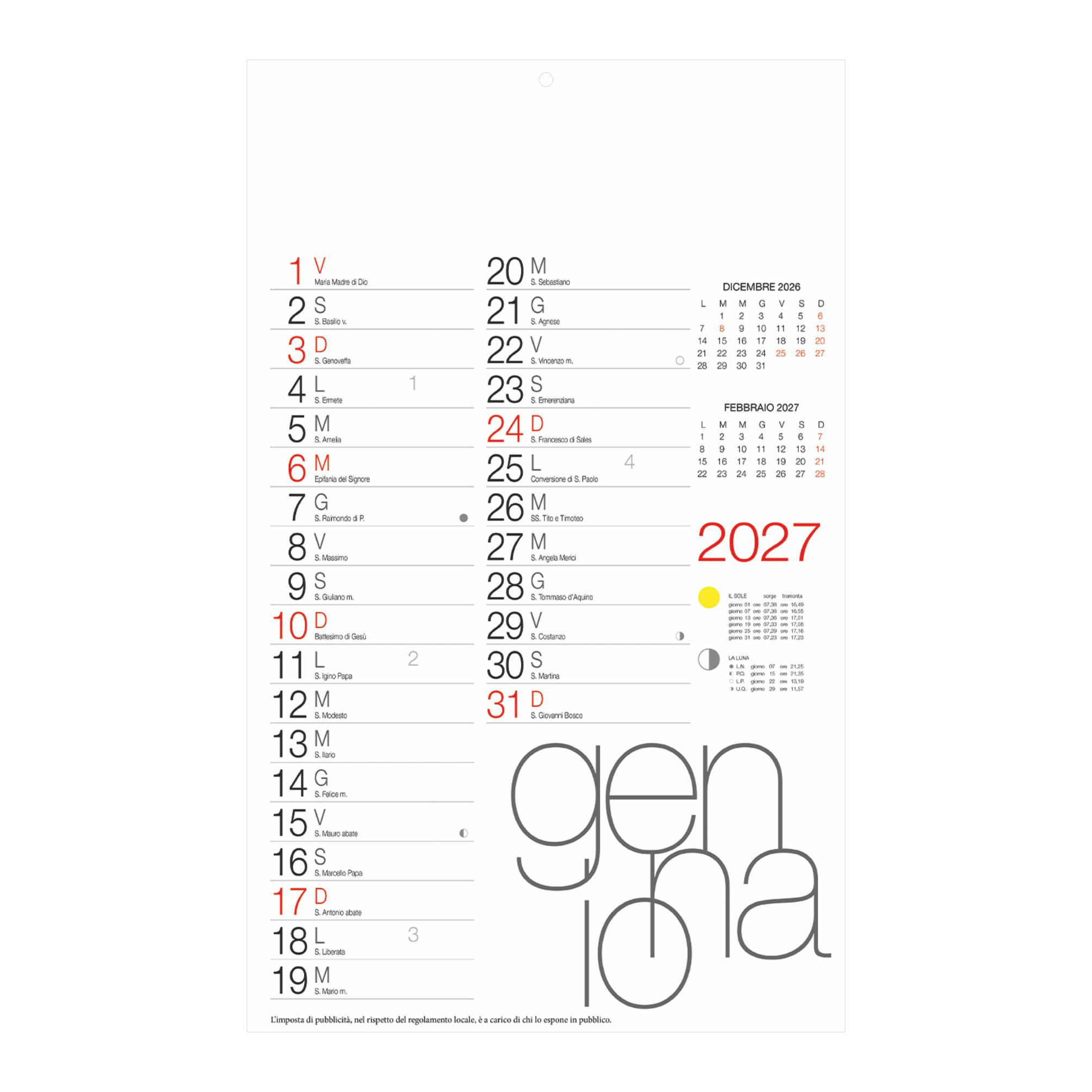 B067 - Design - Calendario Olandese da parete cm 28,8x47